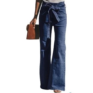 Retro bell bottom sash-tire waist jeans